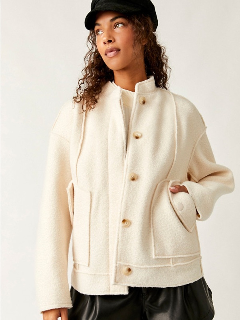 Free People Cream Button-Front Teddy Jacket